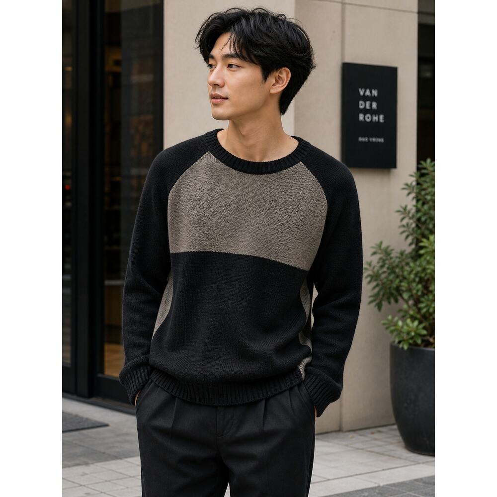 Vintage Bugle Boy Men M Sweater Black/Gray/White Colorblock